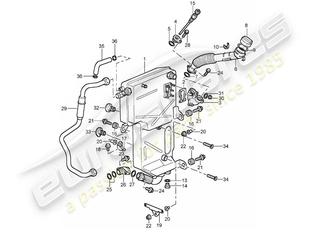 porsche 2005 (996 turbo / gt2) lubricación del motor - diagrama de piezas del tanque de aceite
