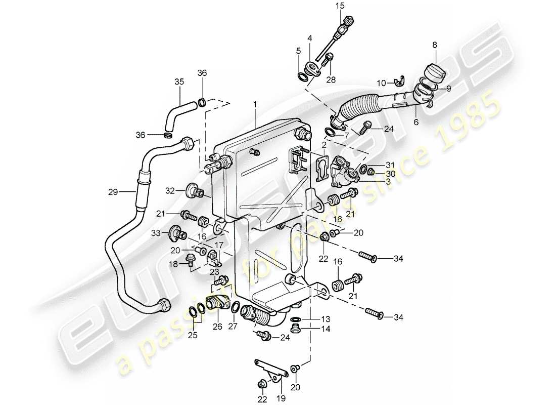 porsche 996 t/gt2 (2005) lubricación del motor - diagrama de piezas del tanque de aceite