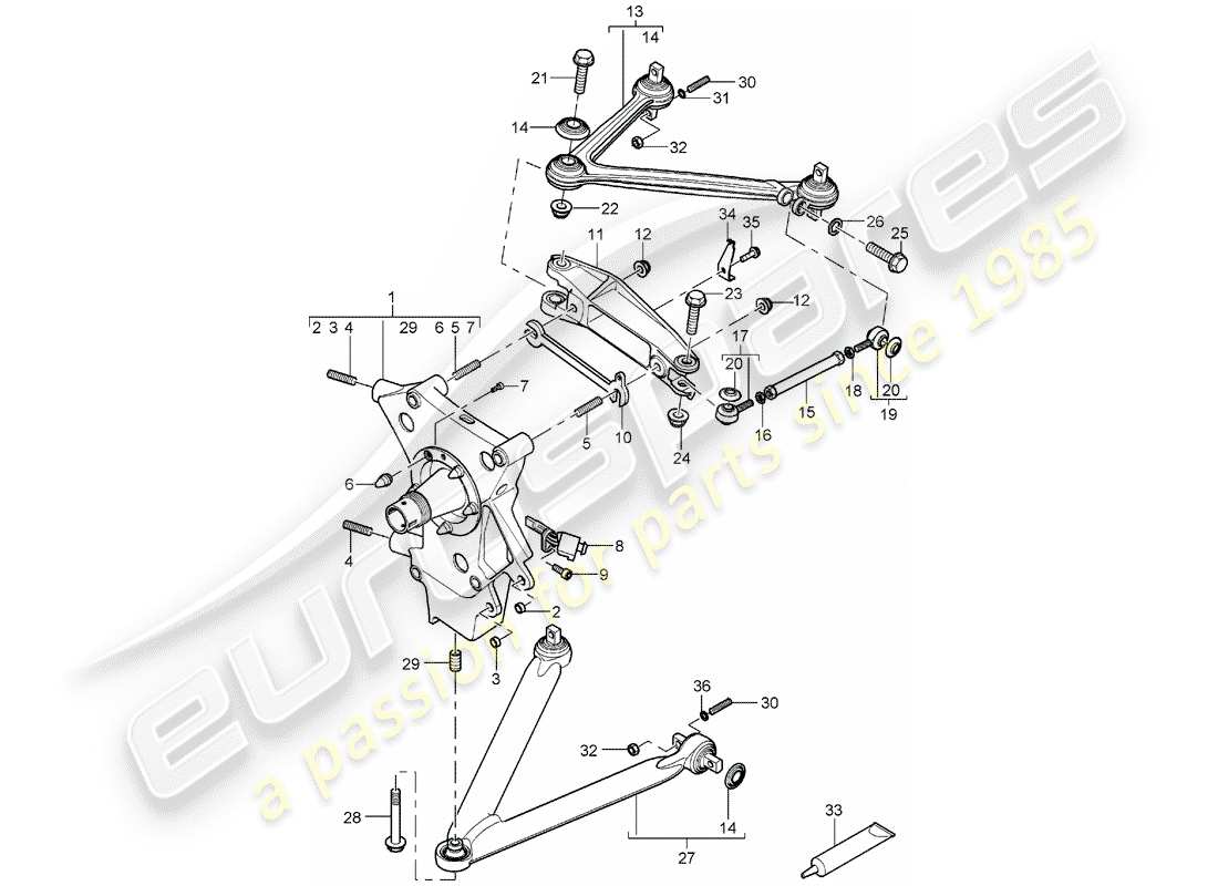 porsche carrera gt (2005) eje trasero - porta ruedas - brazo estabilizador - cubo de rueda diagrama de piezas