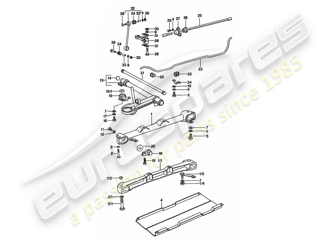 porsche 1975 (911 turbo) eje delantero - estabilizador - subchasis - aleación ligera diagrama de piezas
