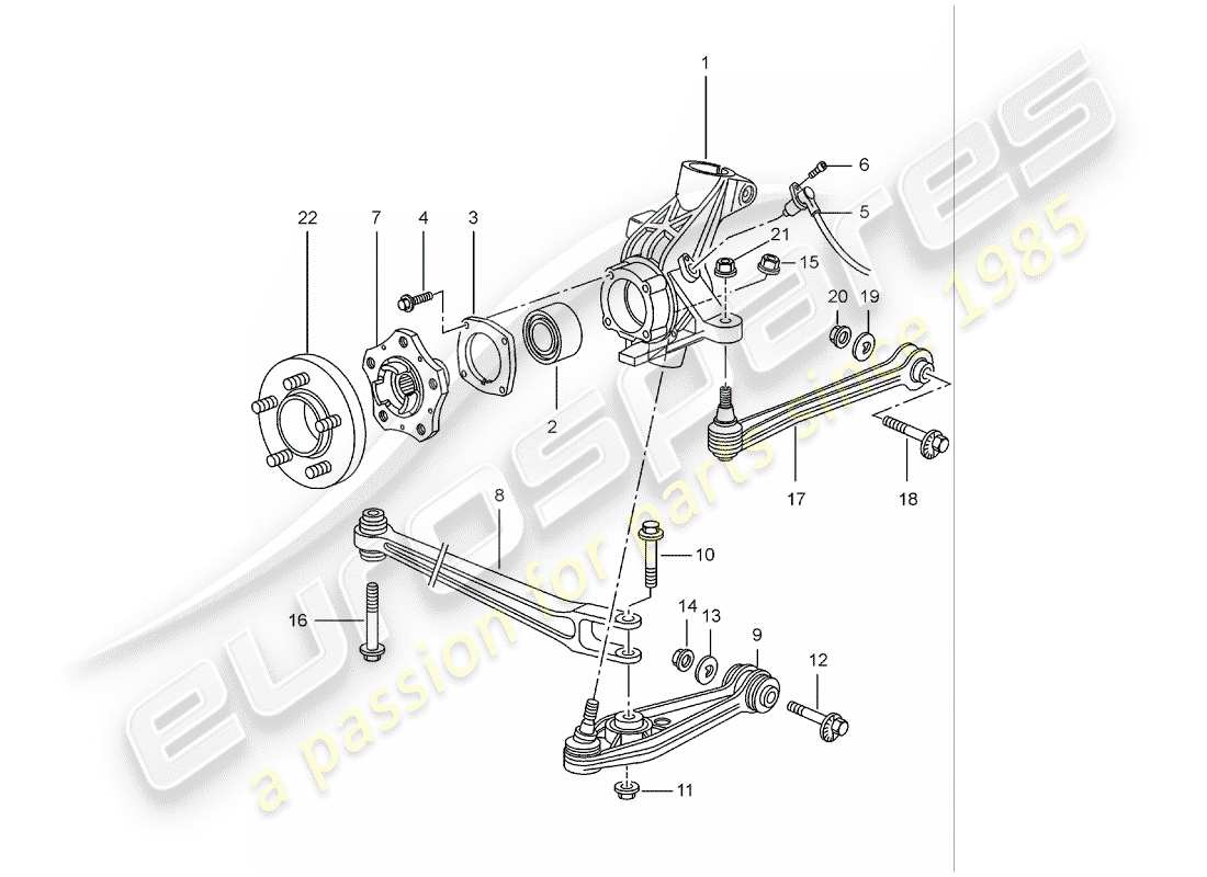 porsche 2004 (986 boxster) eje trasero - porta rueda - enlace superior - cubo de rueda diagrama de piezas