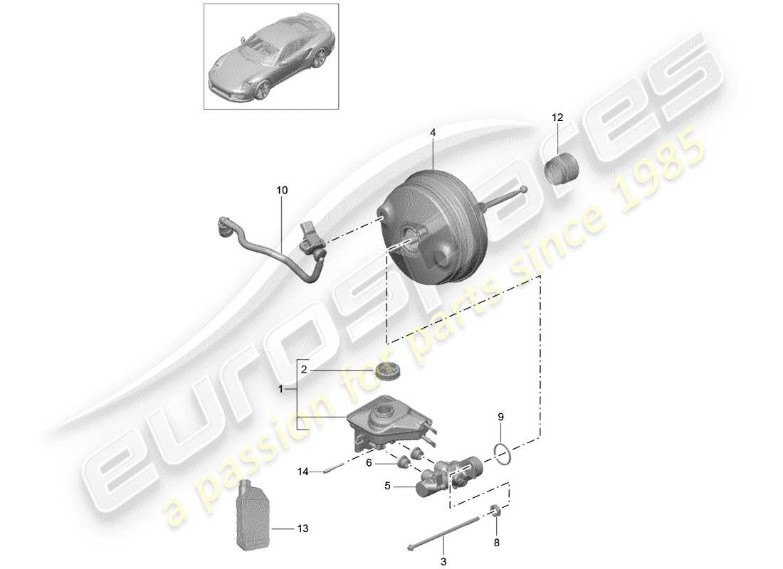 porsche 991 turbo (2020) diagrama de piezas del cilindro maestro de freno