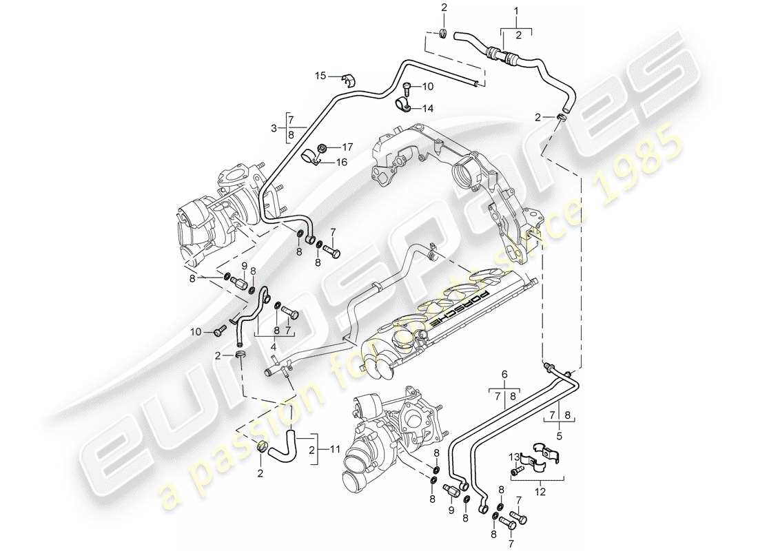 porsche 2006 (cayenne e1 9pa) diagrama de piezas del turbocompresor de gas de escape