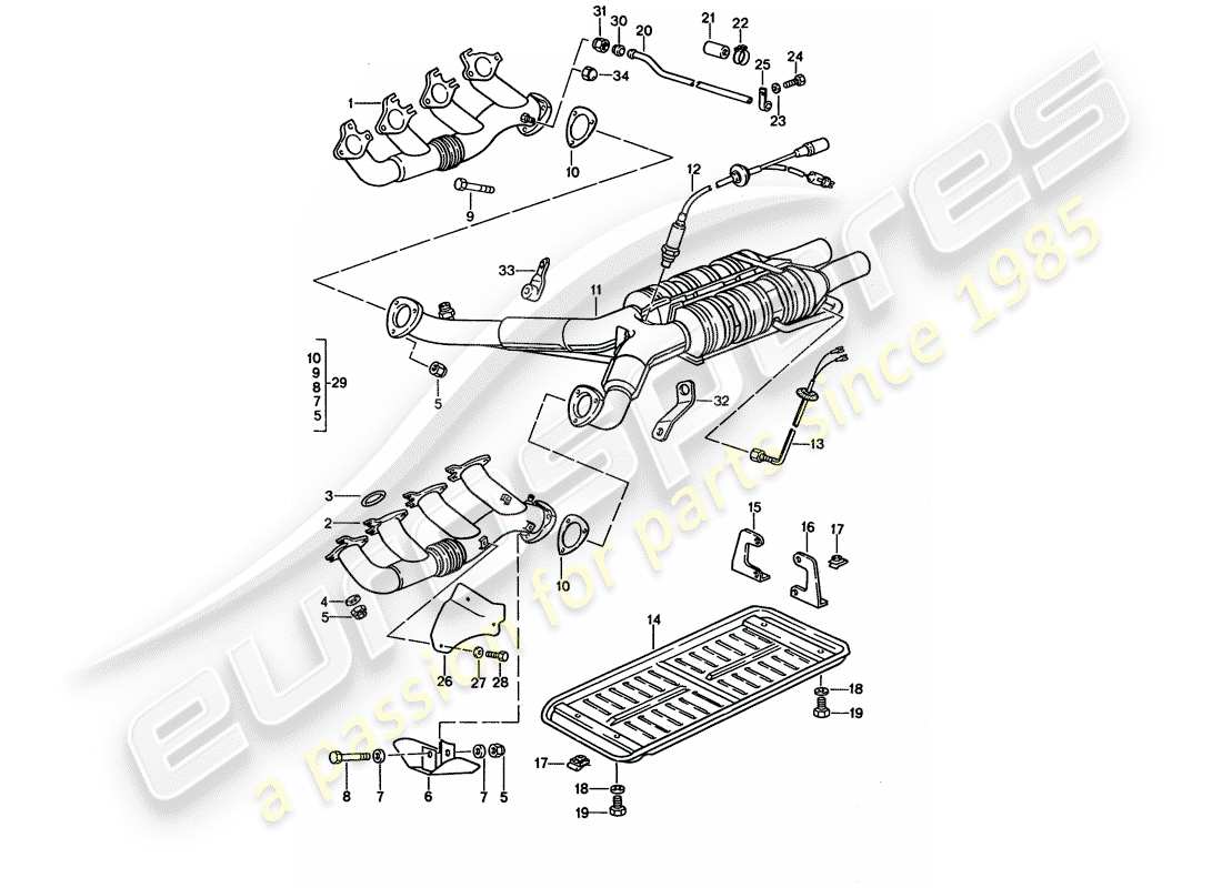 porsche 1992 (928) sistema de escape - catalizador diagrama de piezas