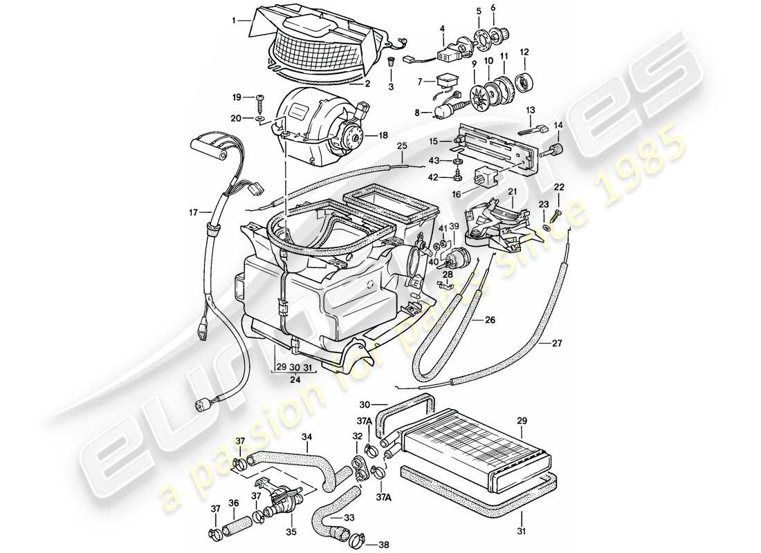 porsche 1987 (924s) calentador - ventilador - diagrama de piezas del núcleo del calentador