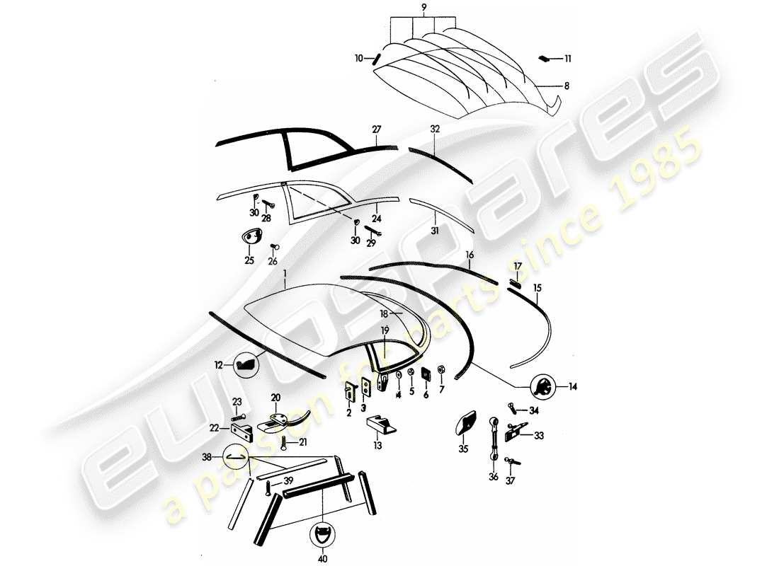 porsche 1961 (356b/356c) techo rígido diagrama de piezas