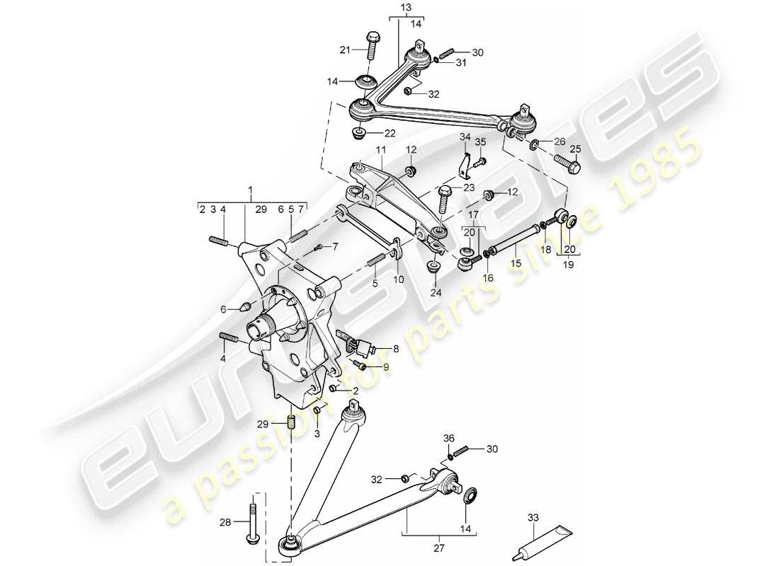 porsche 2004 (carrera gt) eje trasero - porta ruedas - brazo estabilizador - cubo de rueda diagrama de piezas