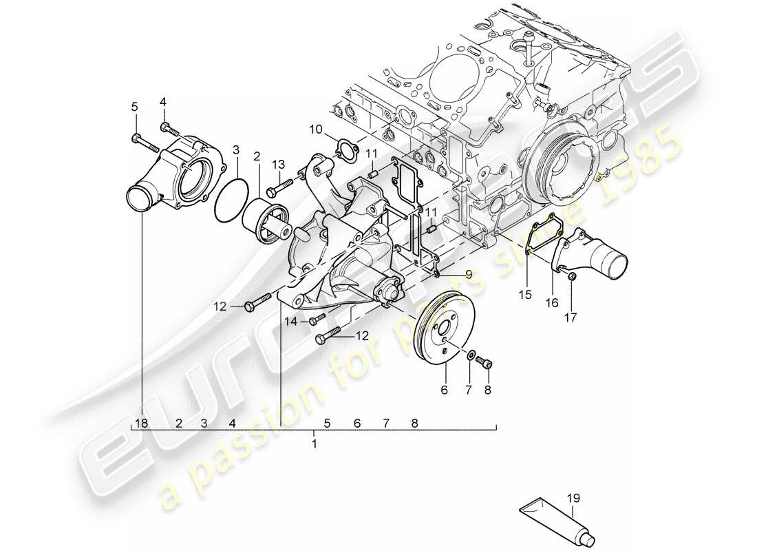 porsche 2004 (carrera gt) bomba de agua - termostato diagrama de piezas