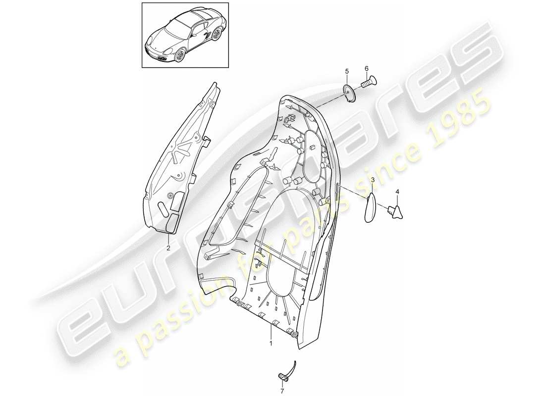 porsche 2011 (987 cayman) carcasa del respaldo diagrama de piezas
