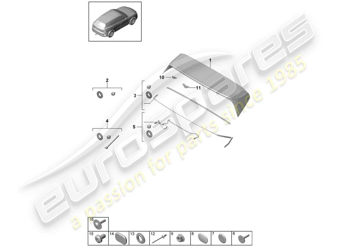 porsche 2020 (cayenne e3 9ya/9yb) alerón trasero diagrama de piezas