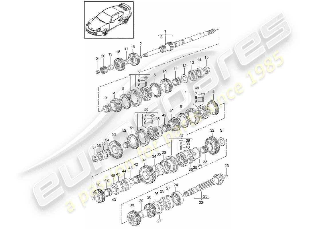 porsche 911 t/gt2rs (2013) diagrama de piezas de engranajes y ejes