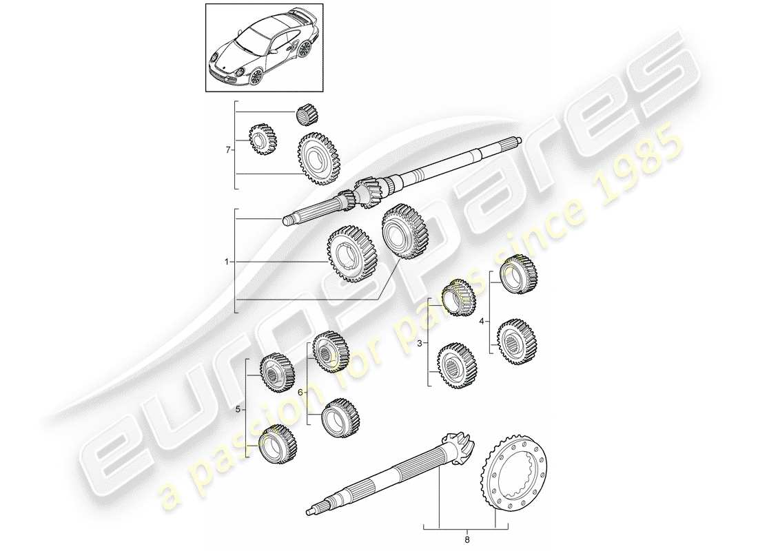 porsche 911 t/gt2rs (2011) juegos de ruedas de engranajes diagrama de piezas