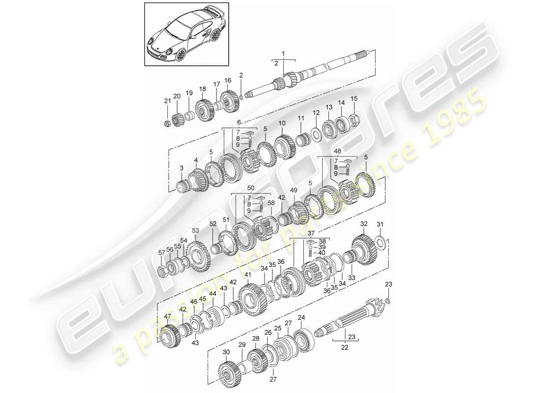 porsche 2011 (997-2 turbo / gt2 rs) engranajes y ejes diagrama de piezas
