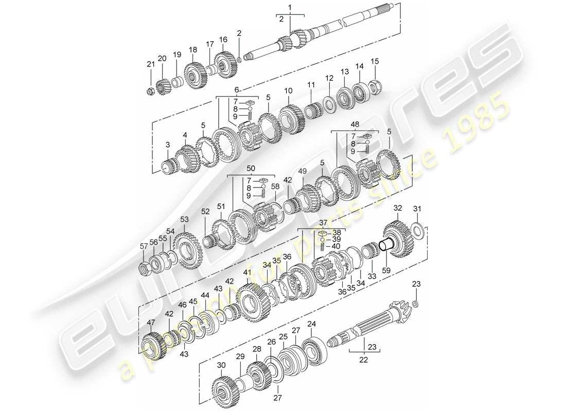 porsche 2001 (996 turbo / gt2) diagrama de piezas de engranajes y ejes