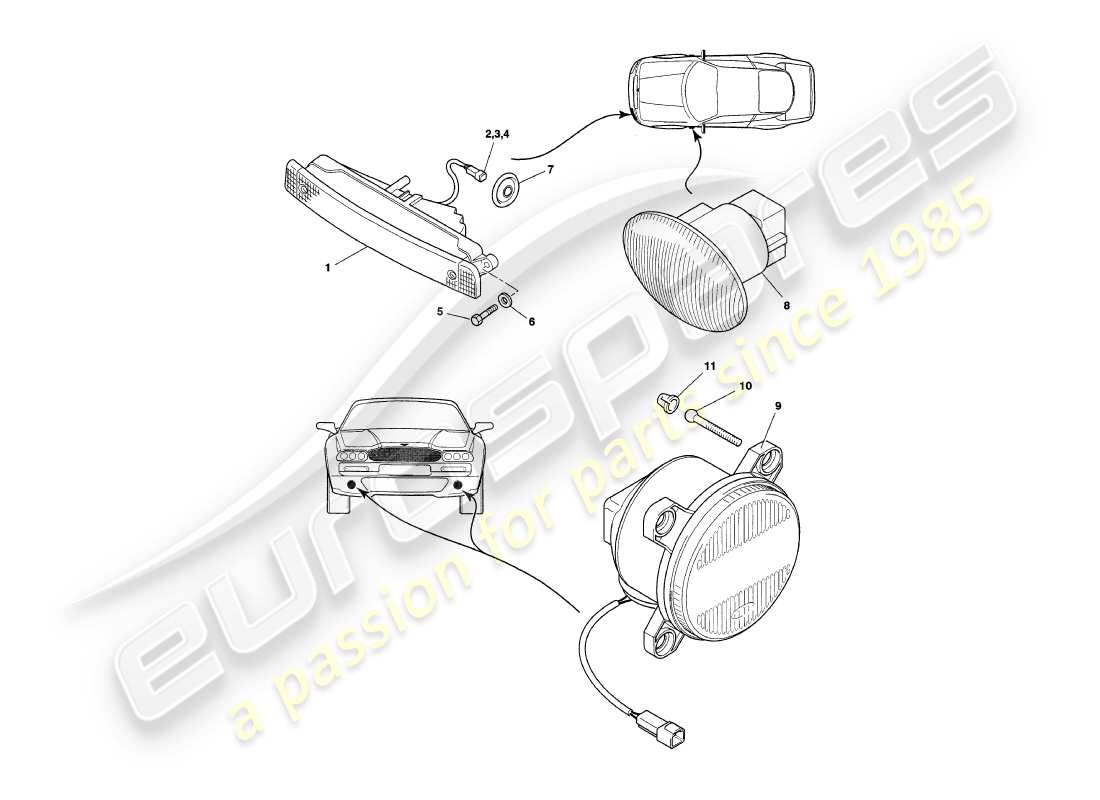 aston martin v8 coupe (2000) diagrama de piezas de lámparas exteriores