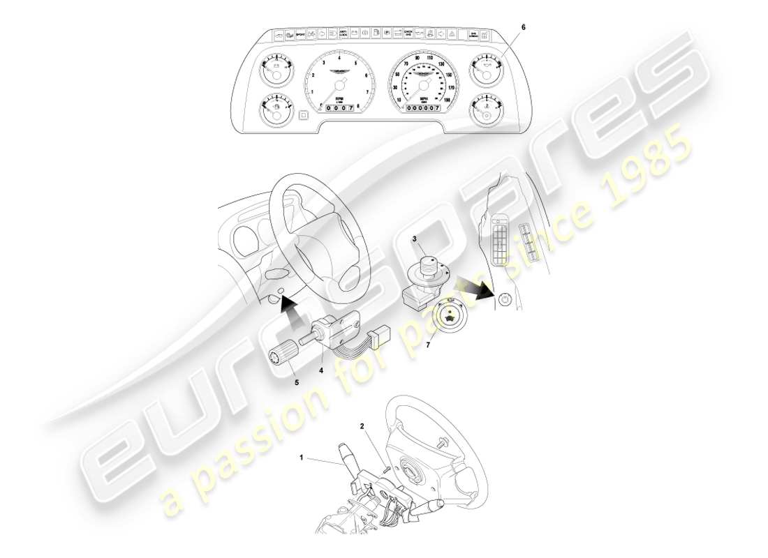 aston martin db7 vantage (2003) diagrama de piezas de instrumentos y controles