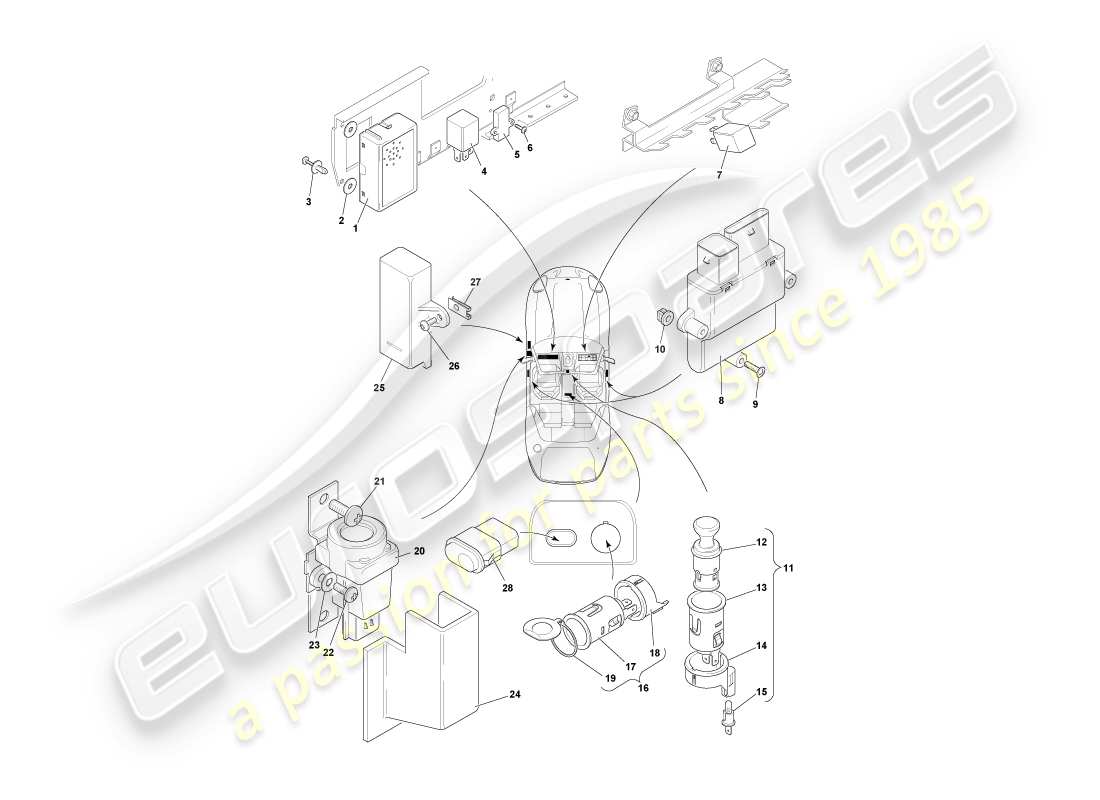 aston martin db7 vantage (2001) diagrama de piezas de componentes montados centralmente