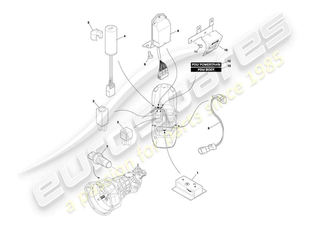 aston martin db7 vantage (2000) diagrama de piezas de componentes montados centralmente