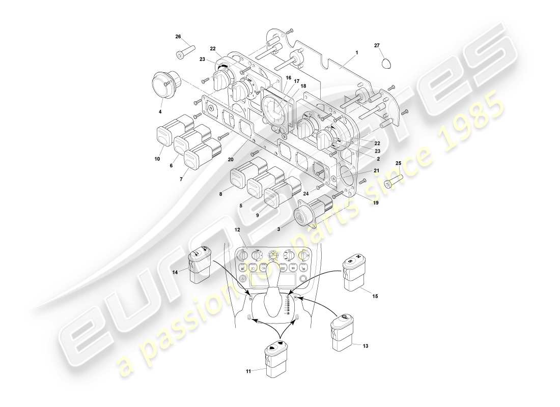 aston martin db7 vantage (2001) diagrama de piezas de instrumentos y controles