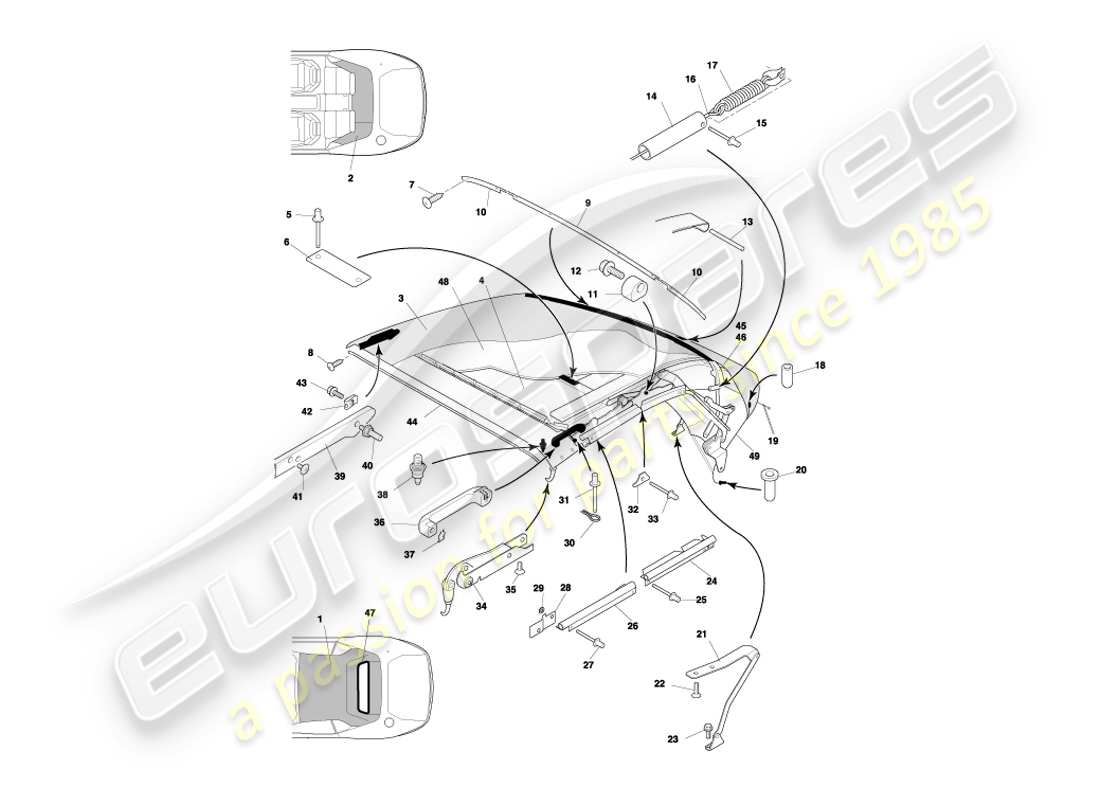 aston martin db7 vantage (2001) diagrama de piezas de moldura superior y techo volante