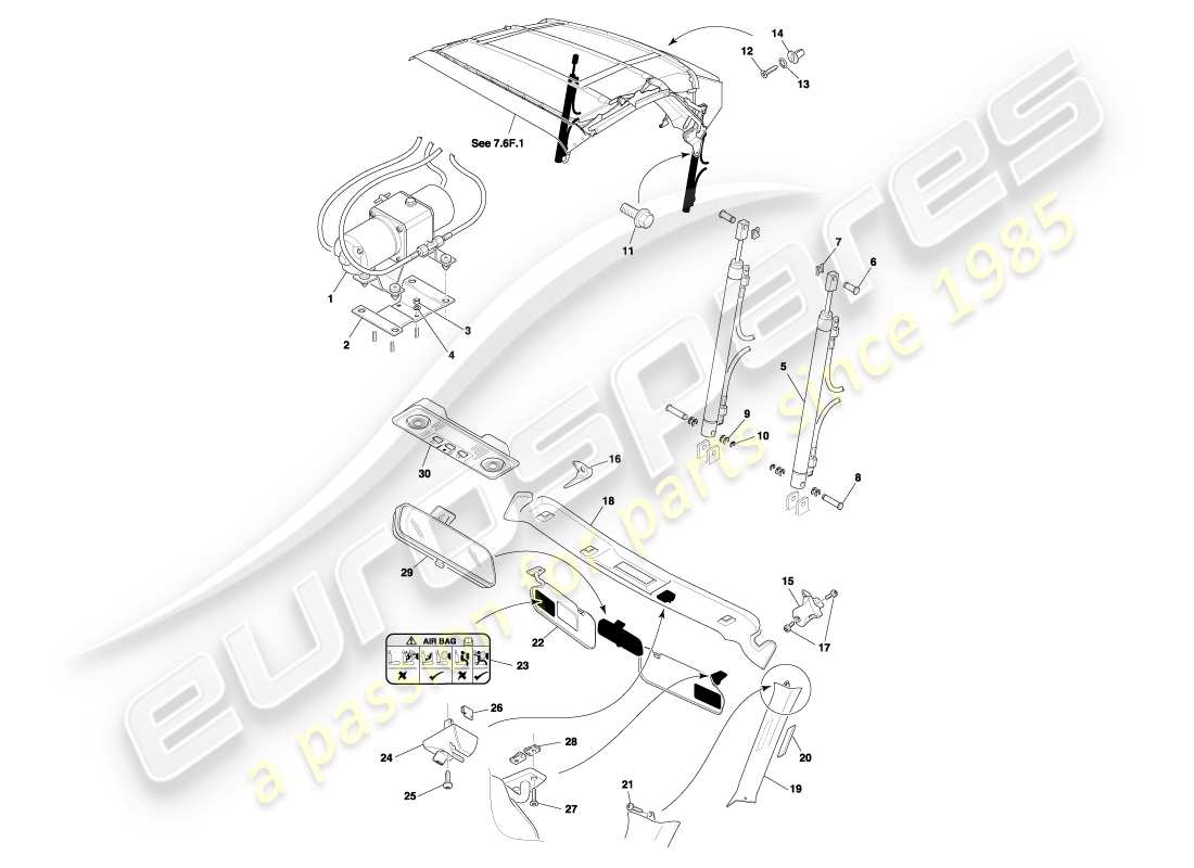 aston martin db7 vantage (2000) diagrama de piezas de moldura superior y techo volante