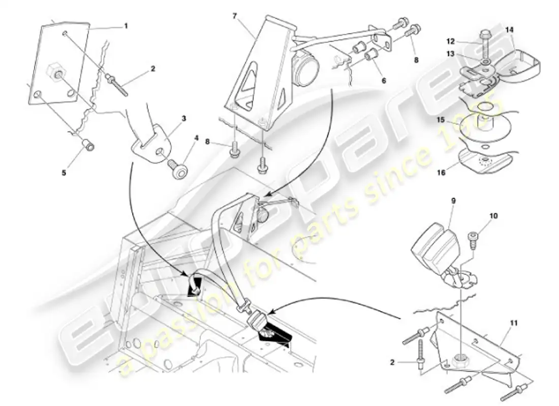 aston martin vanquish (2001) diagrama de piezas de los cinturones de seguridad traseros