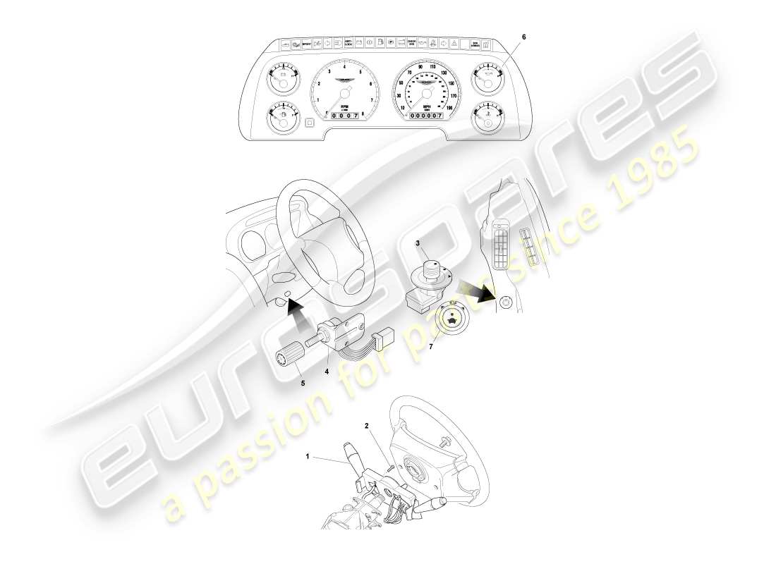 aston martin db7 vantage (2004) instrumentos y controles diagrama de piezas