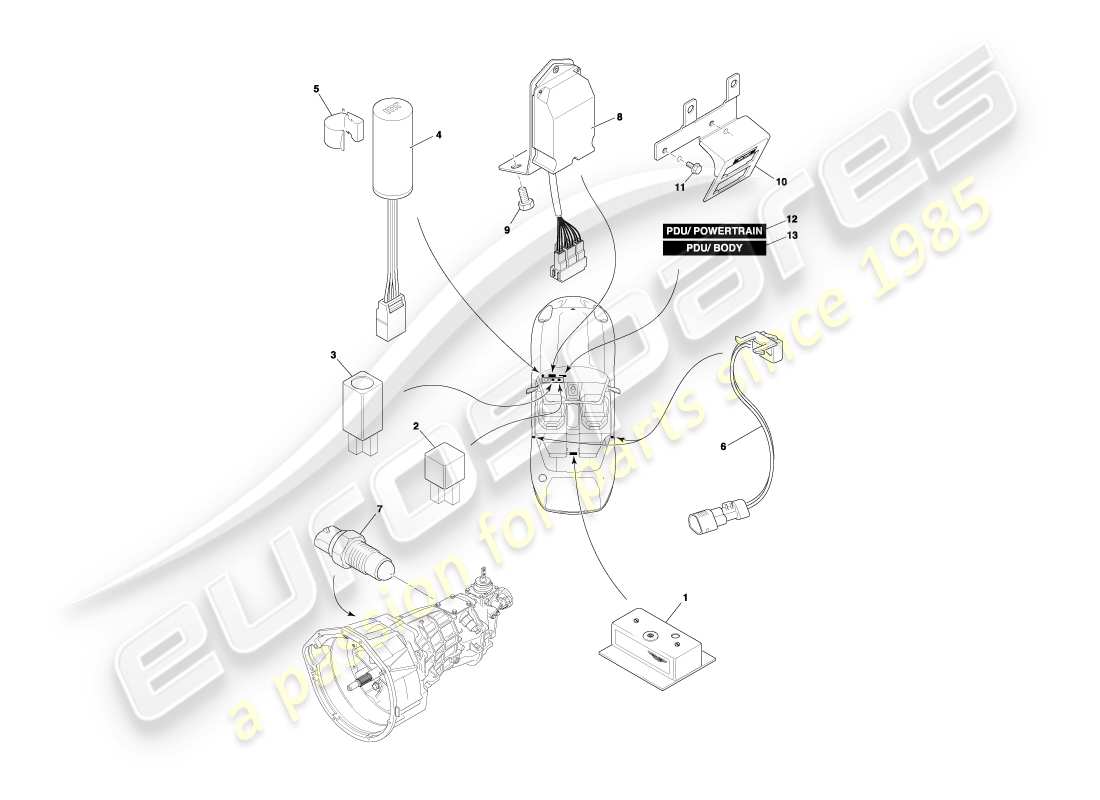 aston martin db7 vantage (2004) diagrama de piezas de componentes montados centralmente