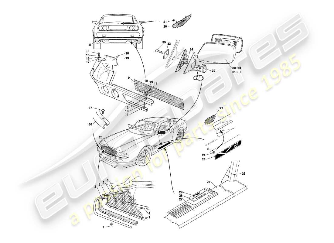 aston martin v8 coupe (2000) diagrama de piezas de accesorios para la carrocería