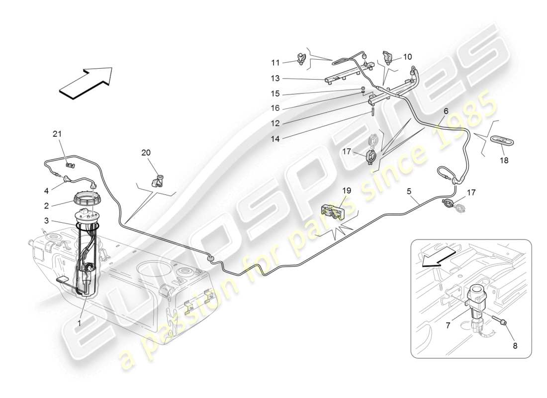 maserati granturismo (2008) diagrama de piezas de bombas de combustible y líneas de conexión