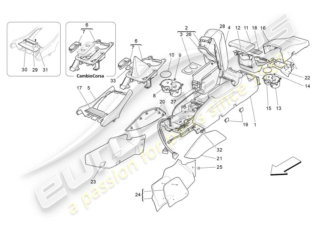 maserati granturismo (2009) consola de accesorios y consola central diagrama de piezas