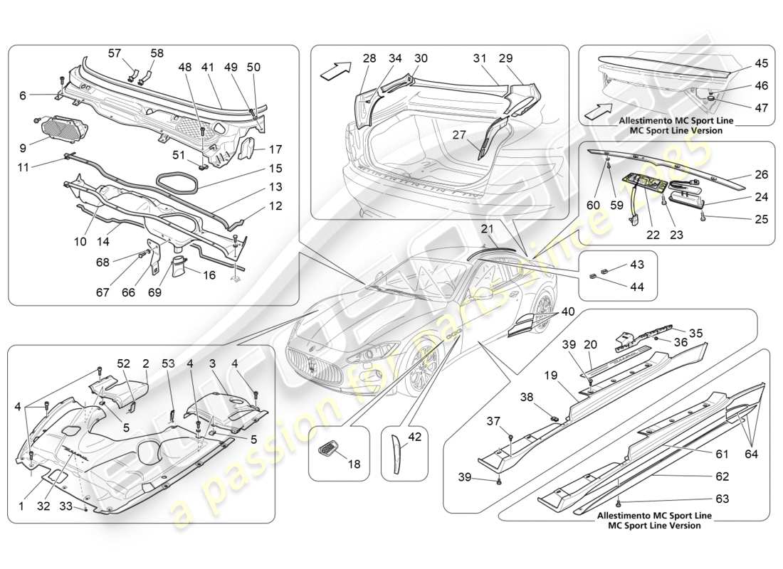 maserati granturismo (2015) diagrama de piezas de escudos, molduras y paneles de cobertura