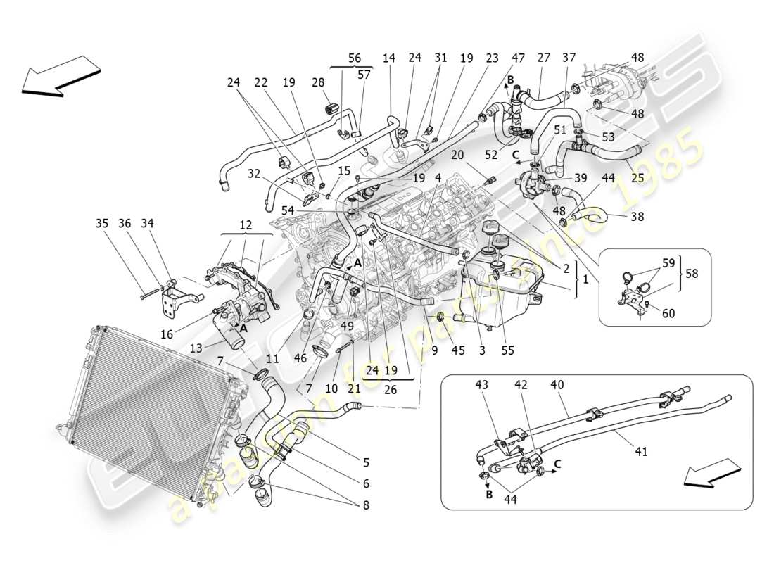 maserati qtp 3.0 bt v6 410hp (2014) sistema de refrigeración: diagrama de piezas de nourice y líneas