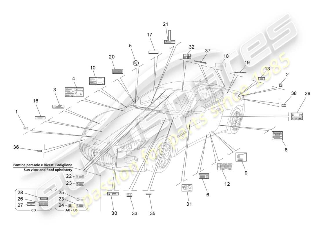 maserati granturismo s (2013) diagrama de piezas de pegatinas y etiquetas