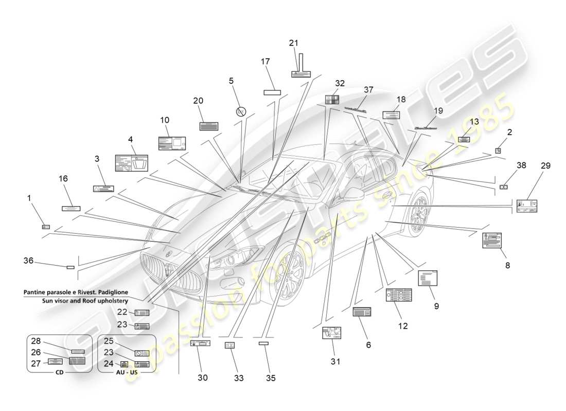 maserati granturismo s (2014) pegatinas y etiquetas diagrama de piezas