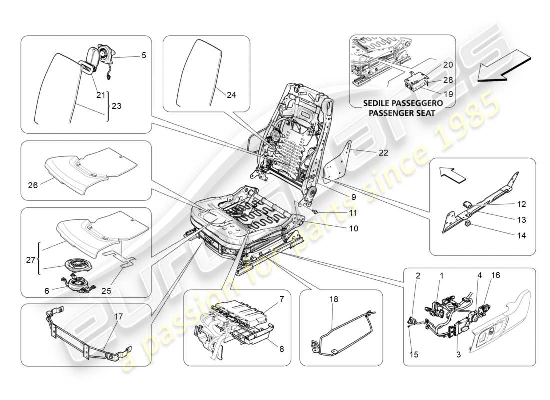 maserati qtp 3.0 bt v6 410hp (2014) asientos delanteros: diagrama de piezas de mecánica y electrónica
