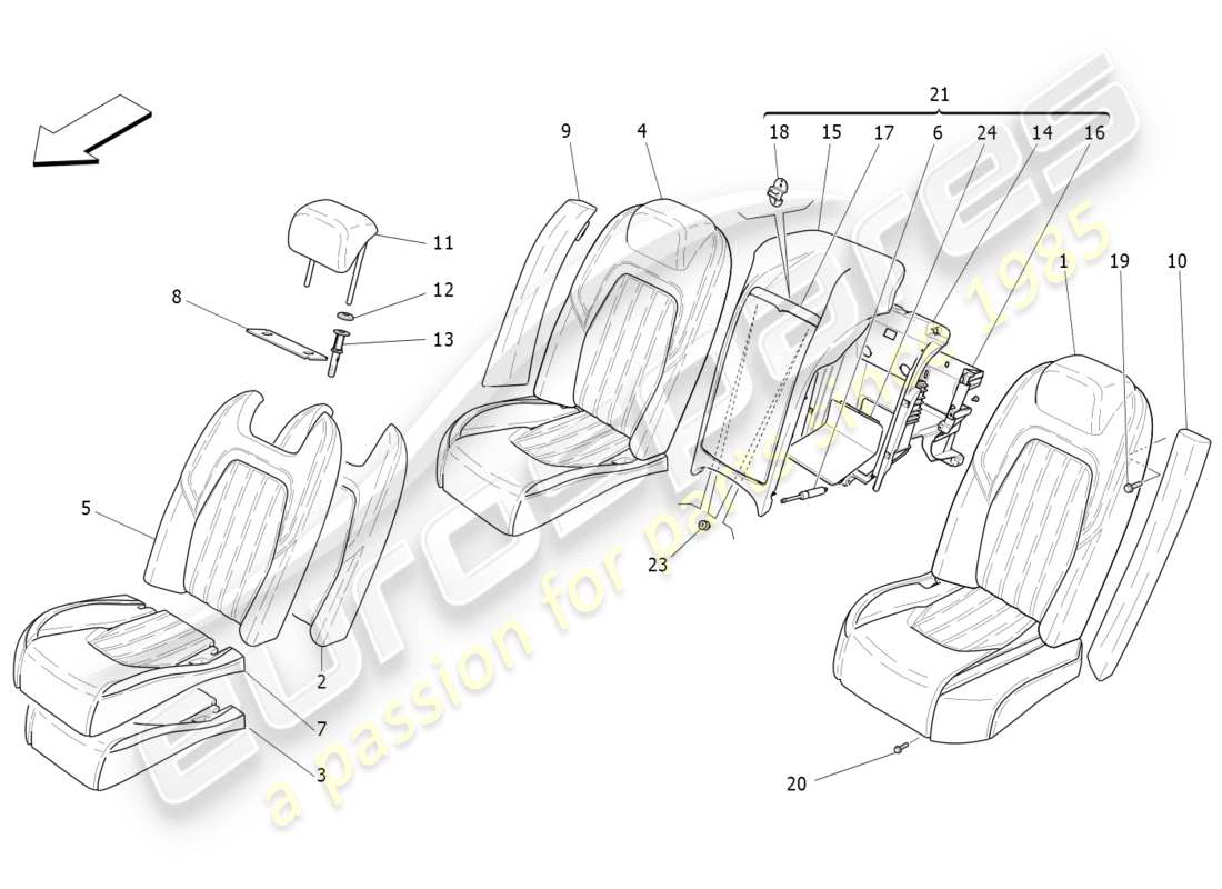 maserati qtp 3.0 bt v6 410hp (2014) asientos traseros: diagrama de piezas de los paneles decorativos