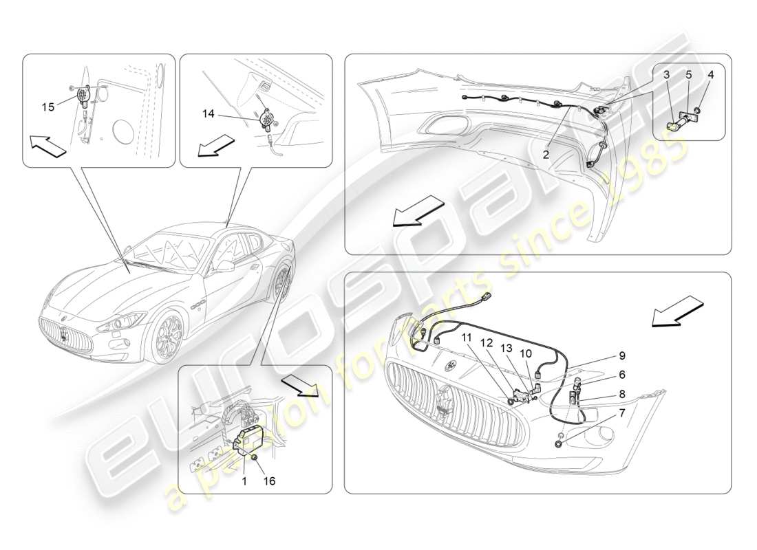 maserati granturismo (2010) diagrama de piezas de los sensores de estacionamiento