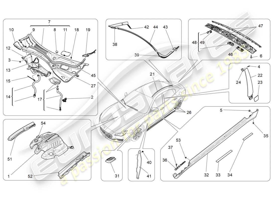 maserati qtp 3.0 tds v6 275hp (2015) diagrama de piezas de escudos, molduras y paneles de cobertura