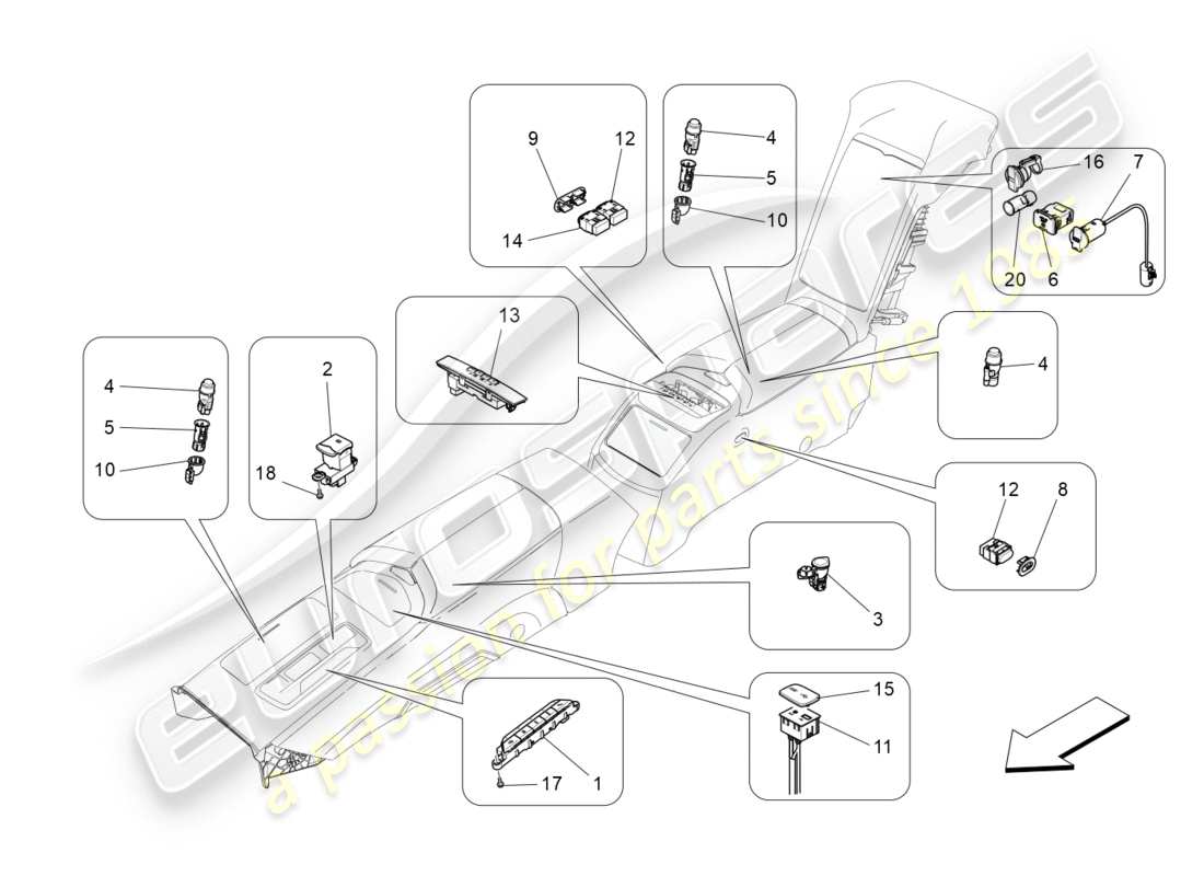 maserati qtp 3.0 bt v6 410hp (2014) diagrama de piezas de los dispositivos de la consola central