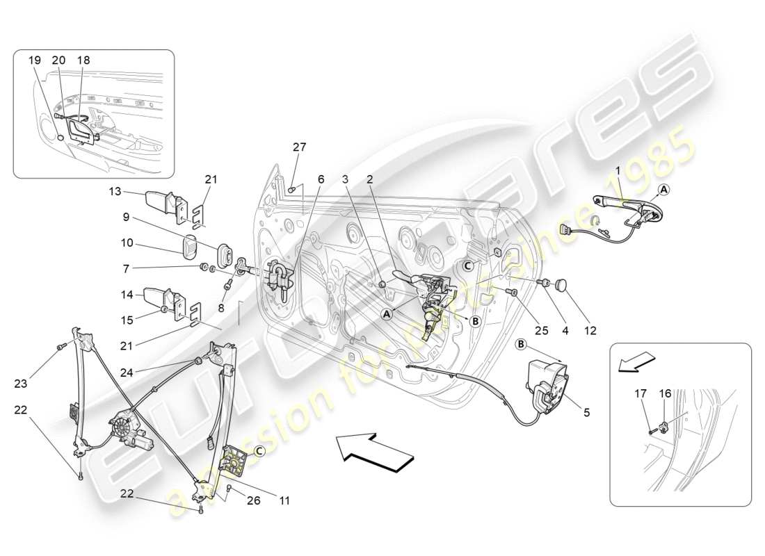 maserati granturismo s (2013) puertas delanteras: diagrama de piezas de mecanismos