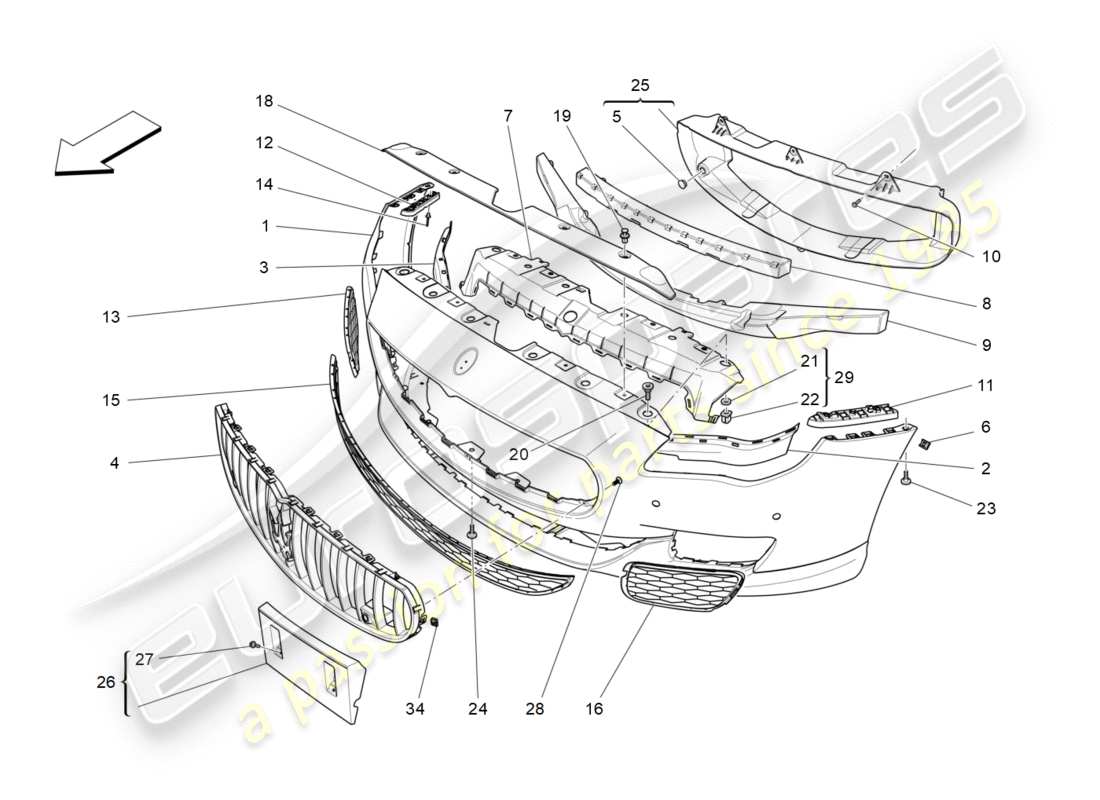maserati qtp 3.0 bt v6 410hp (2014) diagrama de piezas del parachoques delantero