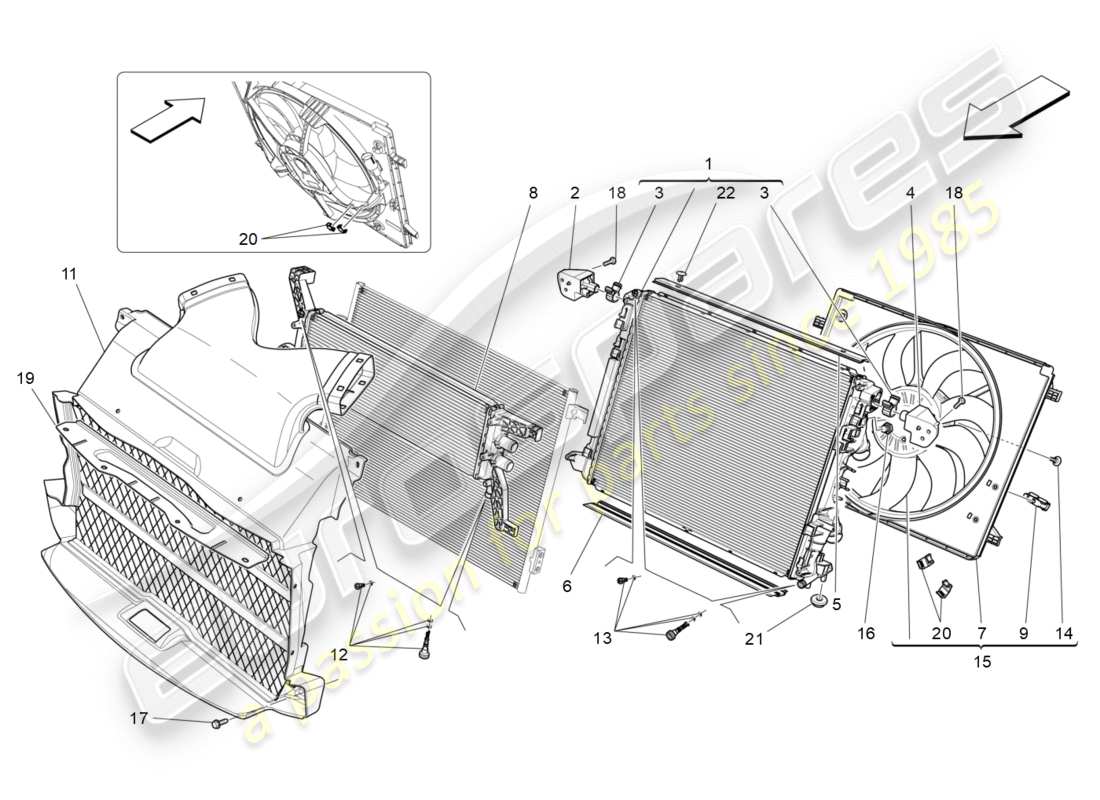 maserati qtp 3.0 bt v6 410hp (2014) enfriamiento: diagrama de piezas de conductos y radiadores de aire