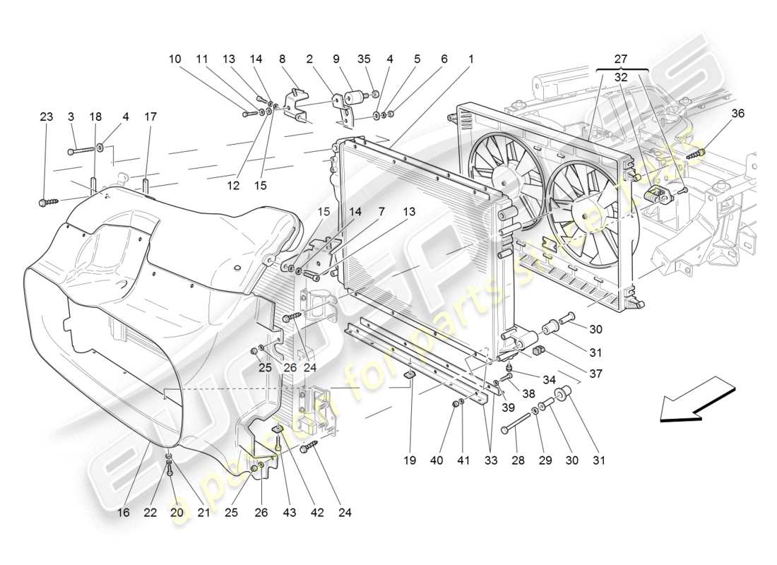 maserati granturismo (2008) enfriamiento: diagrama de piezas de conductos y radiadores de aire