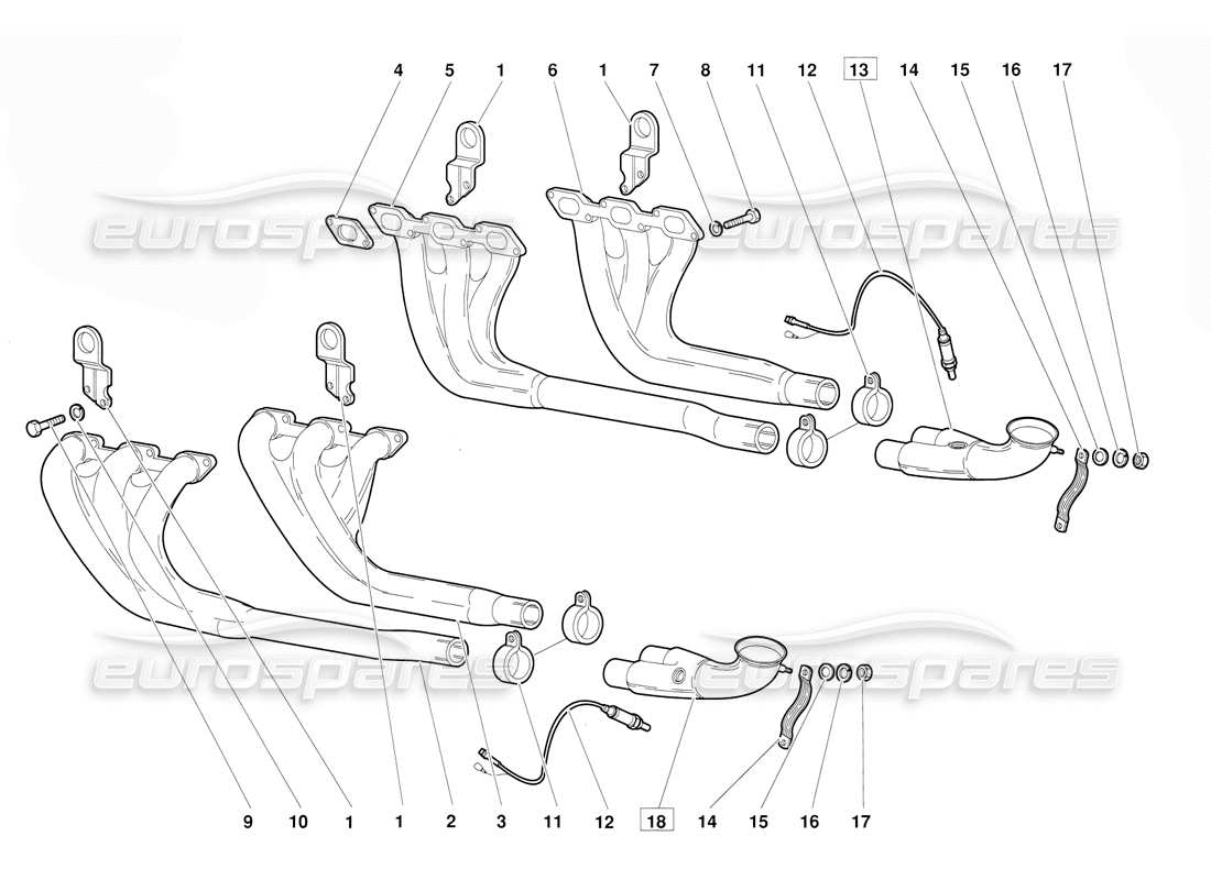 lamborghini diablo (1991) diagrama de piezas del sistema de escape (válido para la versión 1992 de junio)