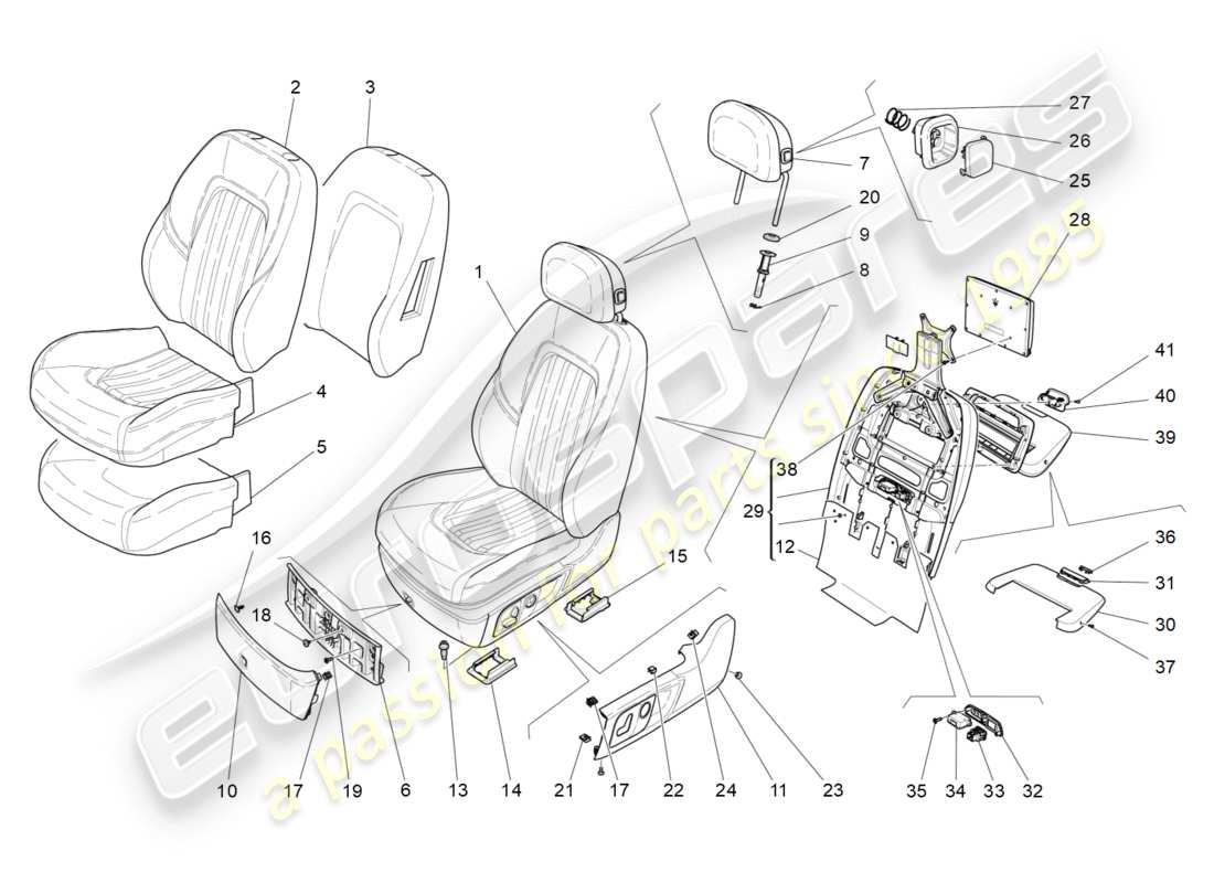 maserati qtp 3.0 bt v6 410hp (2014) asientos delanteros: diagrama de piezas de los paneles tapizados