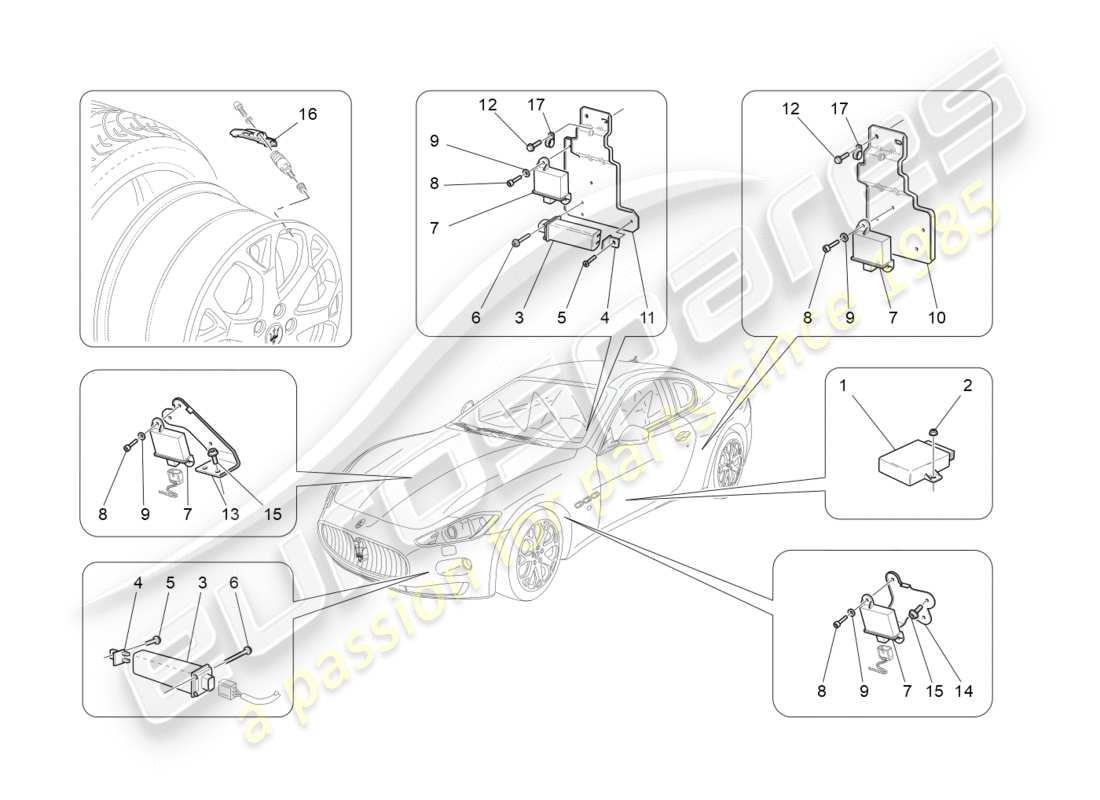 maserati granturismo (2016) diagrama de piezas del sistema de control de presión de neumáticos