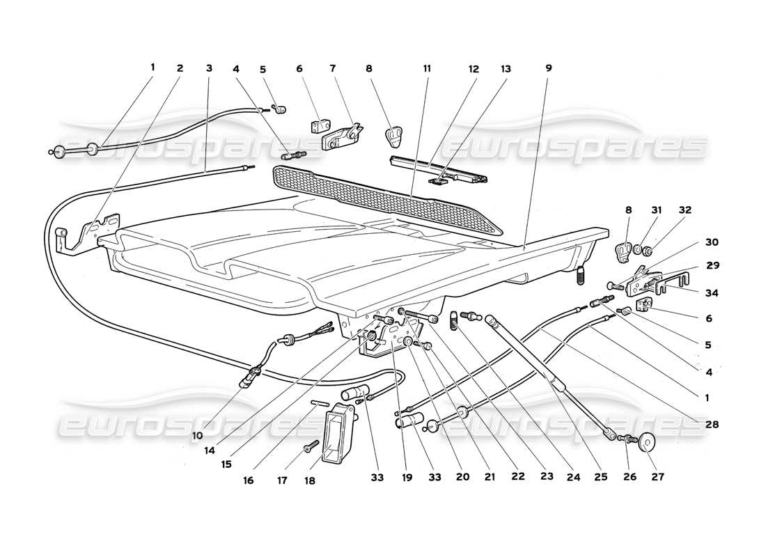 lamborghini diablo sv (1999) diagrama de piezas del capó del motor (para automóviles sin enfriamiento rápido)