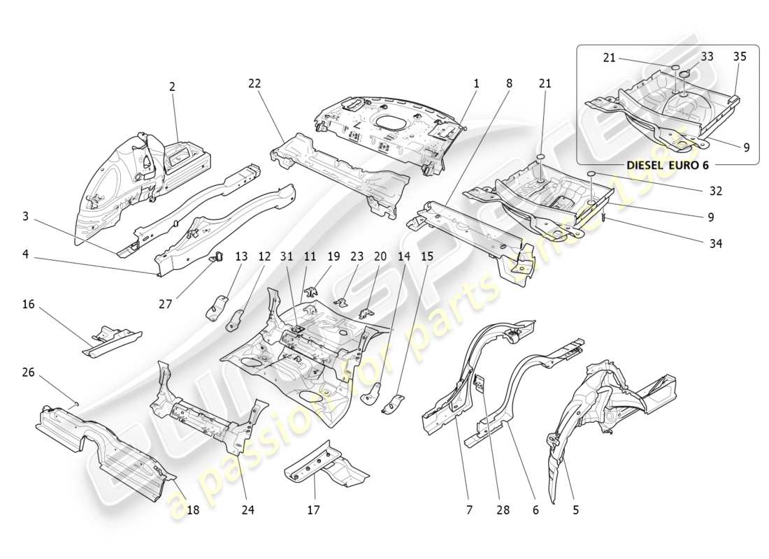 maserati qtp 3.0 tds v6 275hp (2015) diagrama de piezas de marcos estructurales traseros y paneles de chapa
