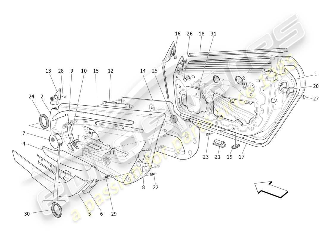 maserati granturismo s (2018) puertas delanteras: diagrama de piezas de los paneles embellecedores